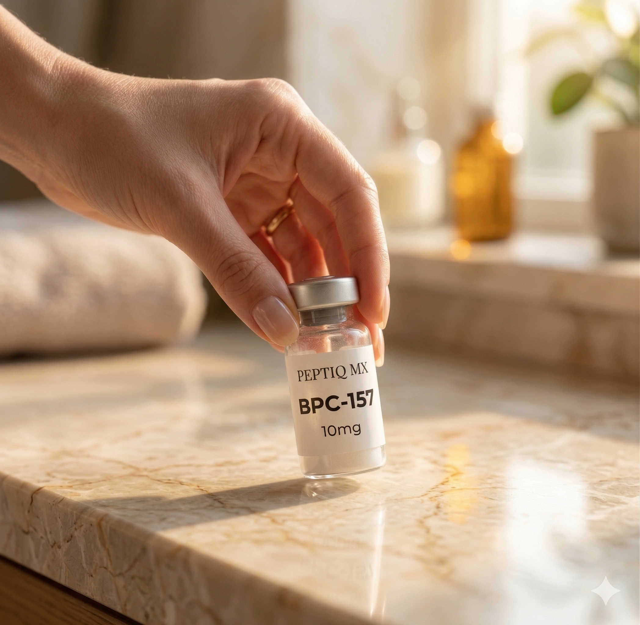 Profesional sosteniendo vial PEPTIQ research-grade